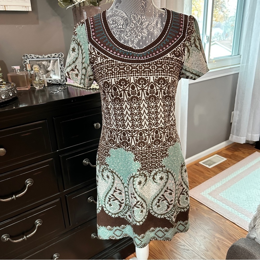 Papillon Boho Paisley Knit Brown Teal Floral Sweater Dress Eclectic Grandpa M - Picture 2 of 16